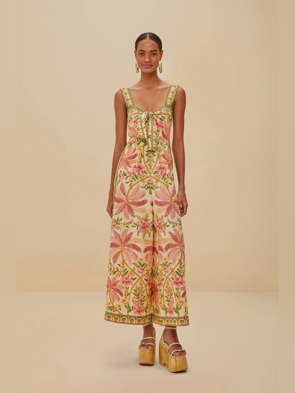 Farm Rio Palm Dream Strappy Jumpsuit Floral Linen Blend XL